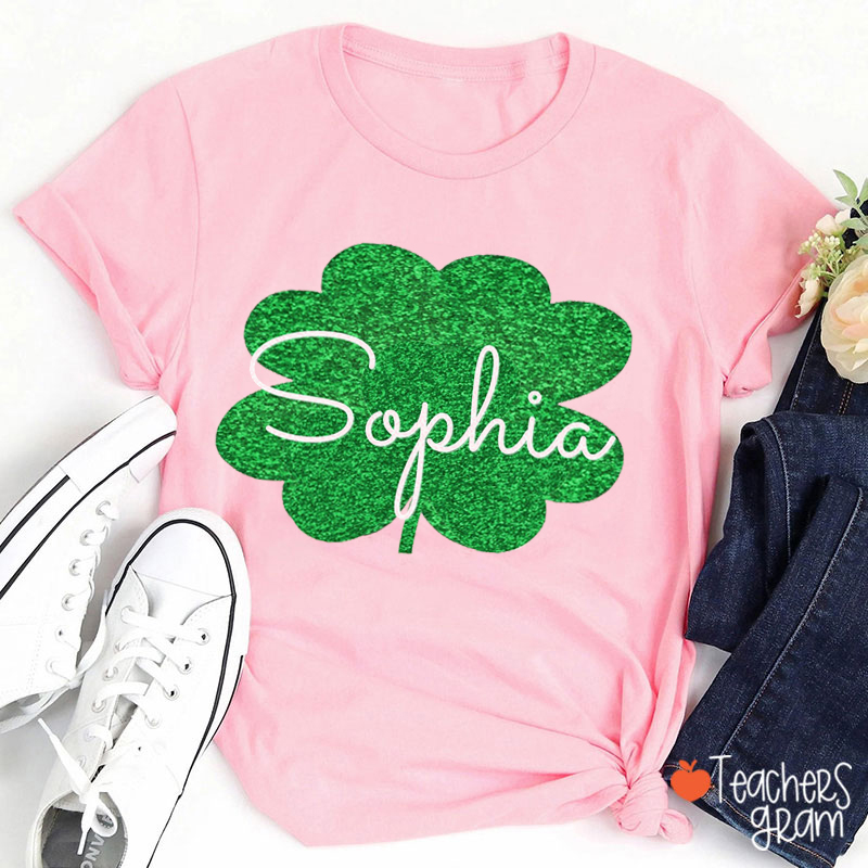 Personalized Name Glitter Four Leaf Clover Teacher T-Shirt
