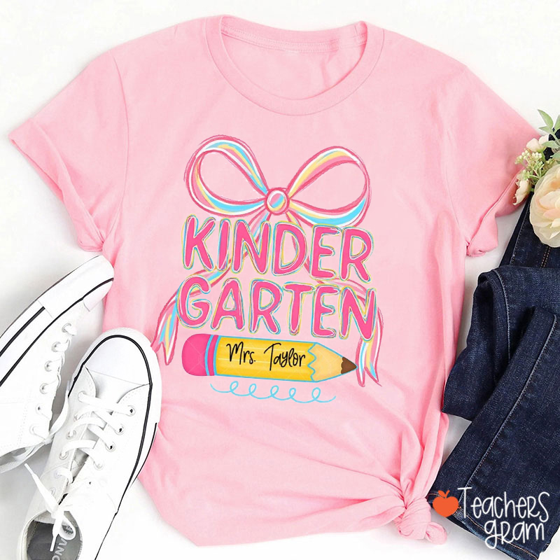 Personalized Grade And Name Pink Bow Pencil Teacher T-Shirt