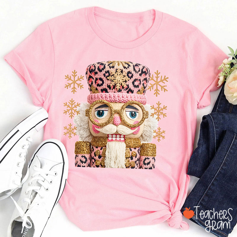 Faux Yarn Leopard Print Christmas Nutcracker Teacher T-shirt