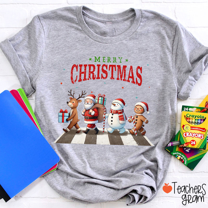 Merry Christmas Xmas Walking Across Teacher T-Shirt