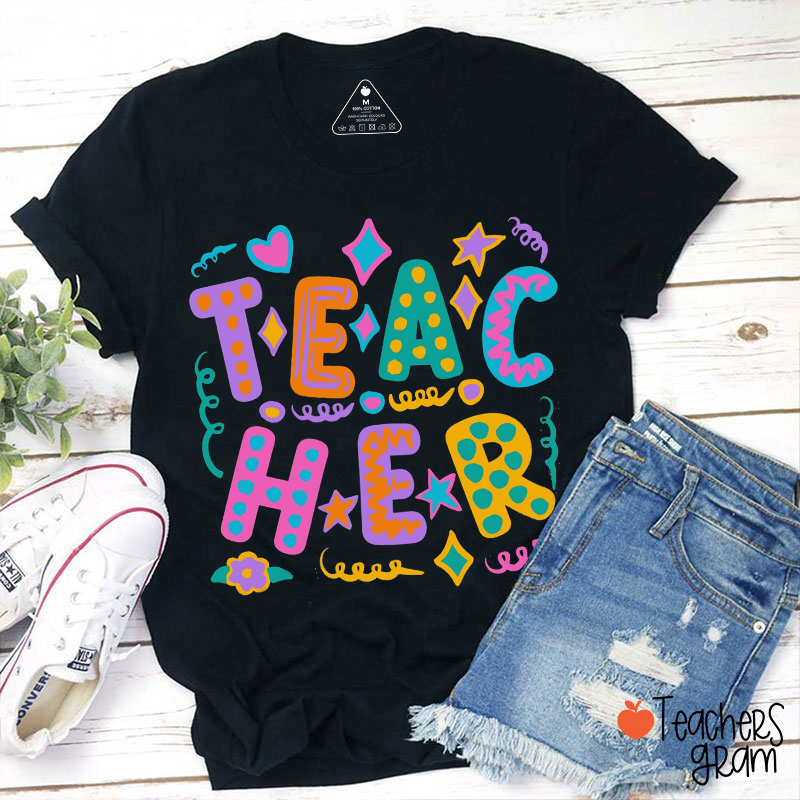 Personalized Cartoon Style Spring Circle Heart Star Teacher T-Shirt