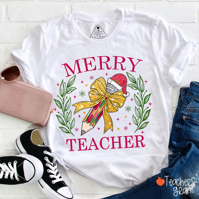 Merry Teacher Bow Pencil Teacher T-Shirt