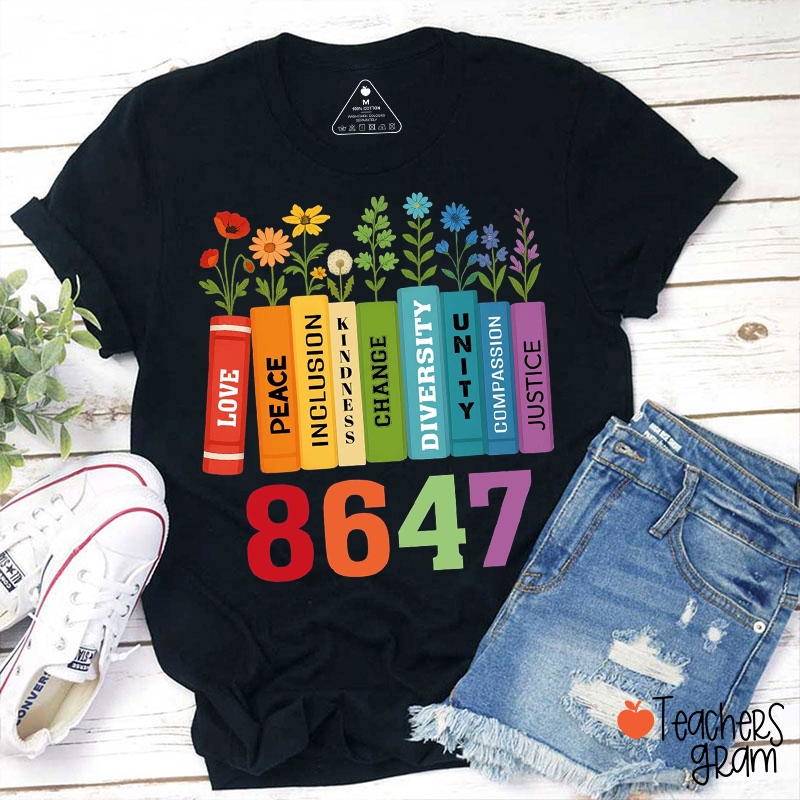 Love Peace 8647 Book Flowers Teacher T-Shirt