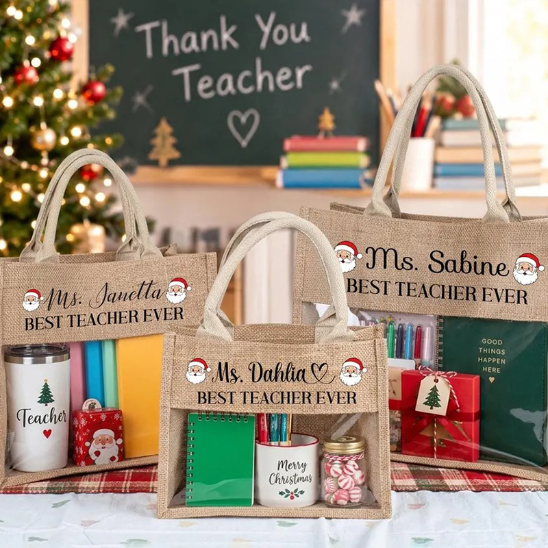 Personalized Name Christmas Vibes Clear Window Burlap Teacher Tote Bag