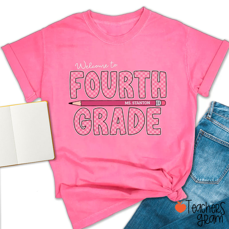 Personalized Grade Or Text Pencil Checkered Back To School Teacher T-Shirt