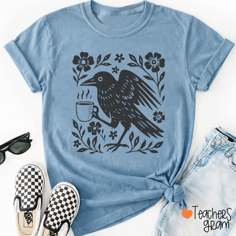 Boho Crow Drinking Coffee Teacher T-Shirt