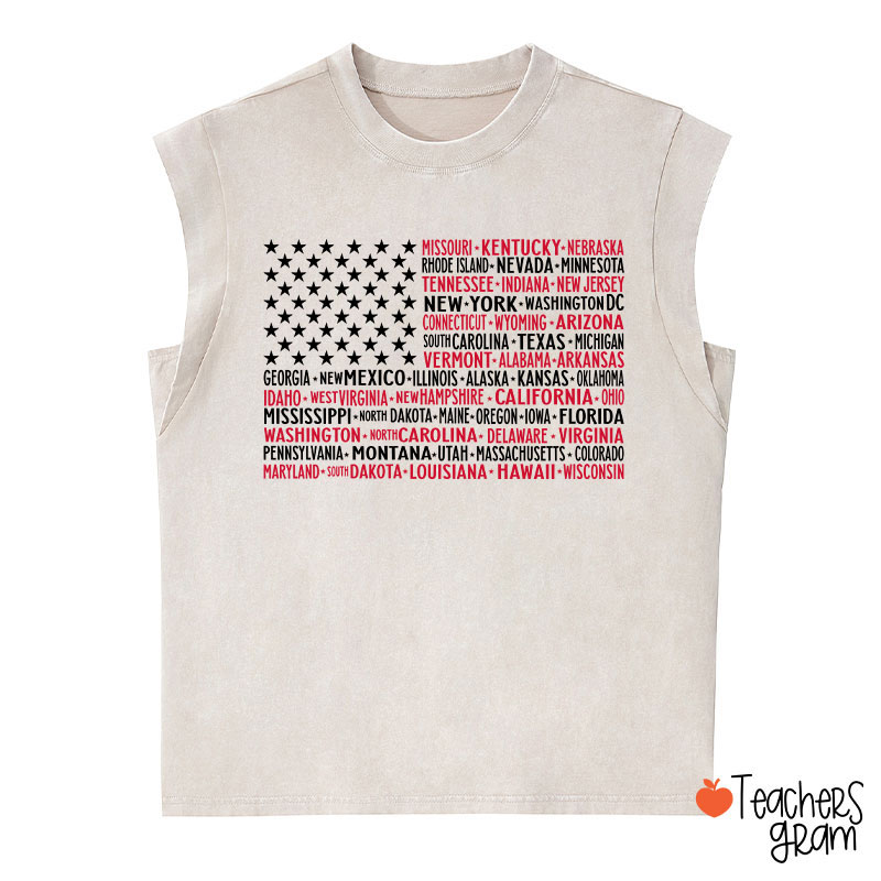 Vintage American Flag 4th Of July Teacher Washed Tank Top
