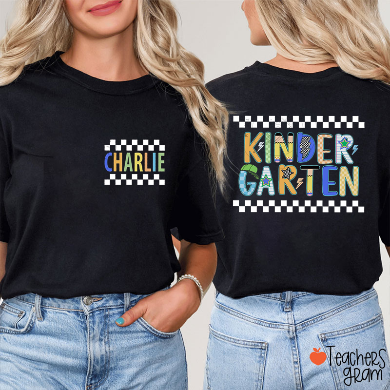 Personalized Name Grade Checkerboard Blue Teacher Two Sided T-Shirt