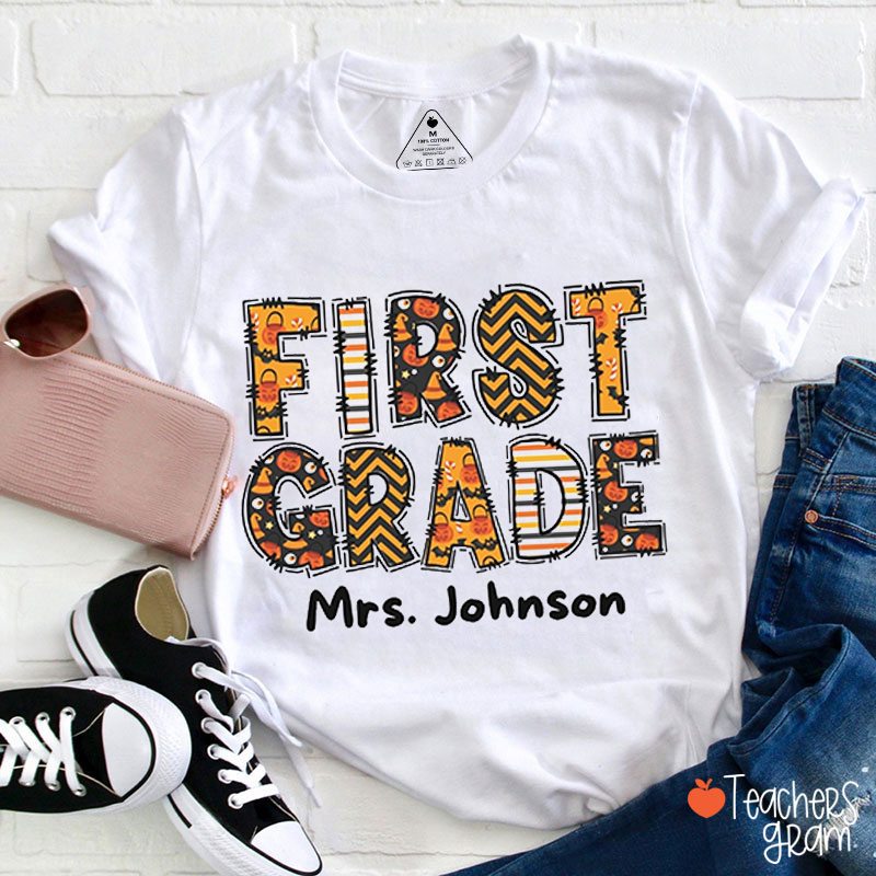 Personalized Name And Grade Halloween Letter Teacher T-Shirt