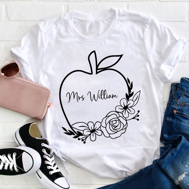 Personalized Name Apple Flower Print Teacher T-Shirt
