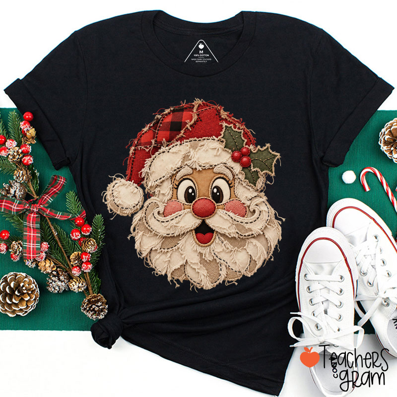 Faux Patch Country Santa Holly Teacher T-Shirt