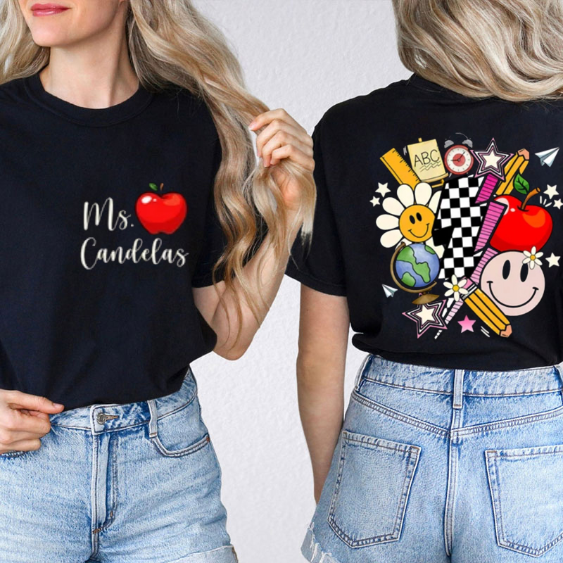 Personalized Checkerboard Lighting Name Teacher Two Sided T-Shirt