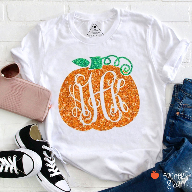 Personalized Initials Glitter Pumpkin Teacher T-Shirt