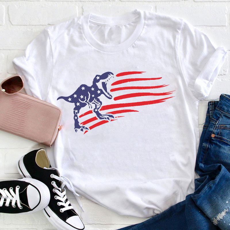 American Flag Dinosaur Teacher T-Shirt