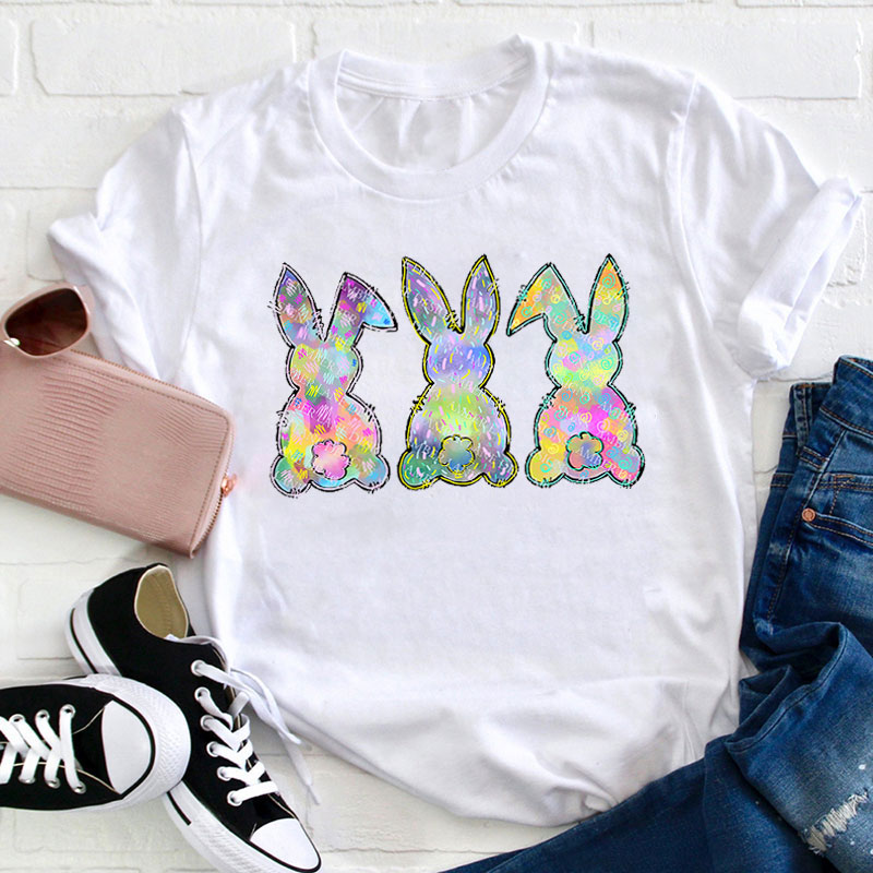 Three Rainbow Easter Bunny Teacher T-Shirt