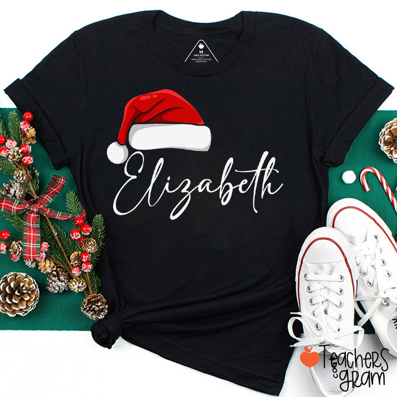Personalized Name Santa Hat Teacher T-Shirt