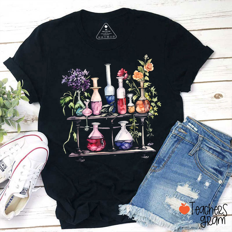 Floral Beakers Laboratory Teacher T-Shirt