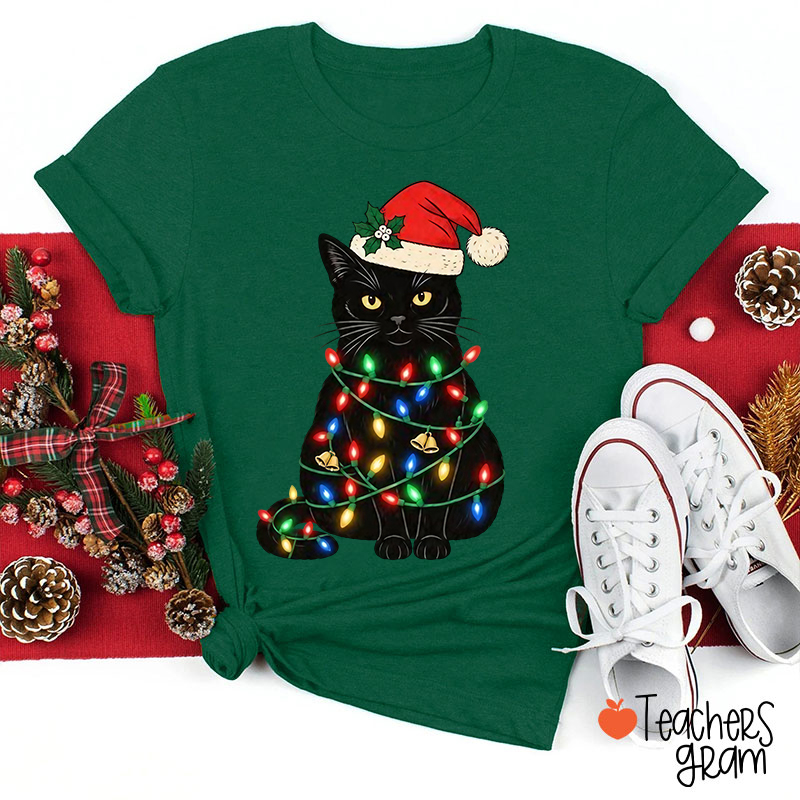 Santa Black Cat With Christmas Lights Teacher T-Shirt