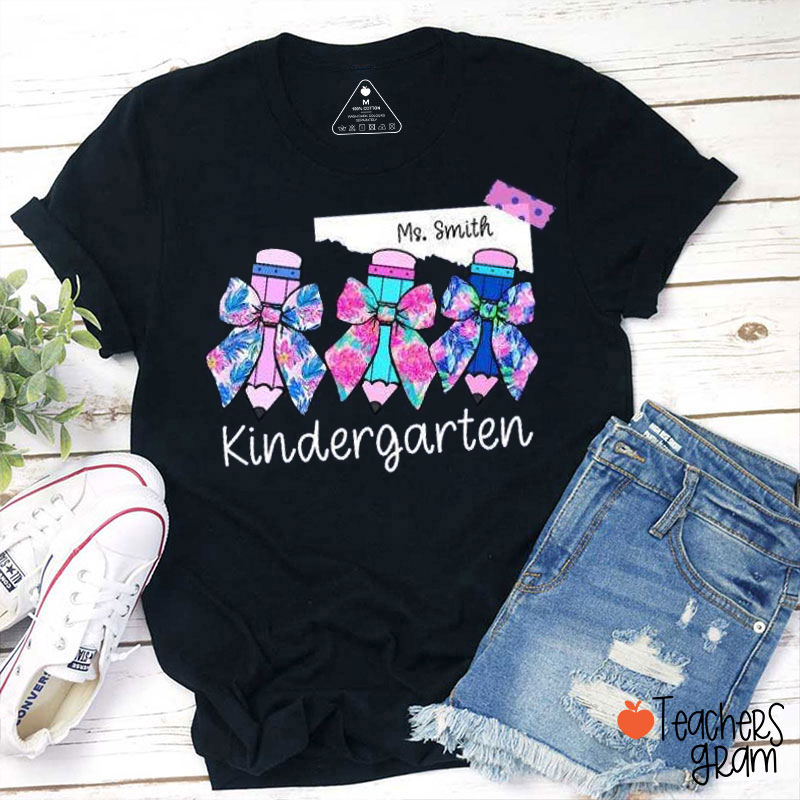 Personalized Grade And Name Colorful Pencil Bow Teacher T-Shirt