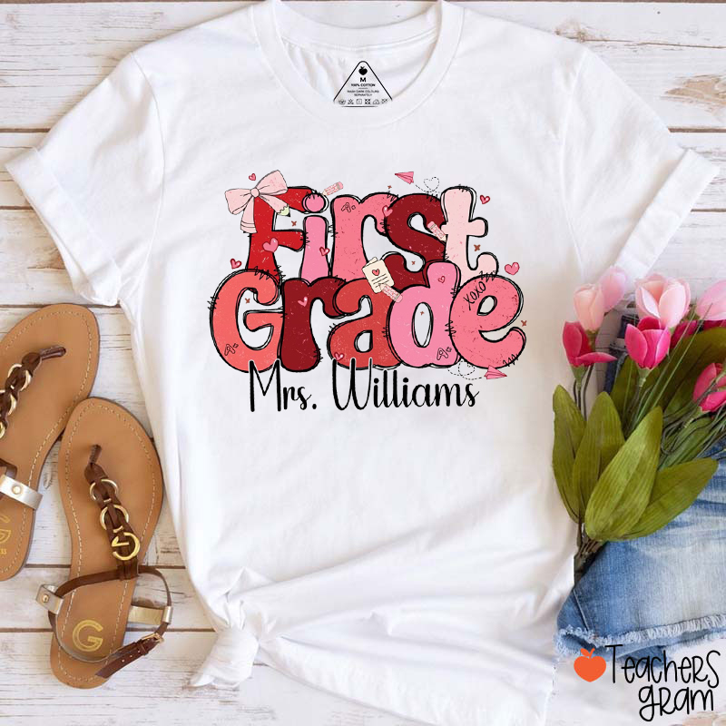Personalized Name And Grade Valentine Vibes Teacher T-Shirt