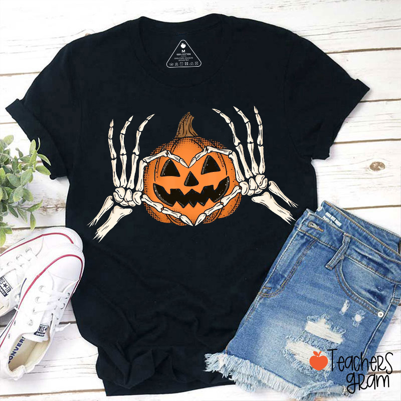 Skeleton Hands Heart Pumpkin Halloween Teacher T-Shirt