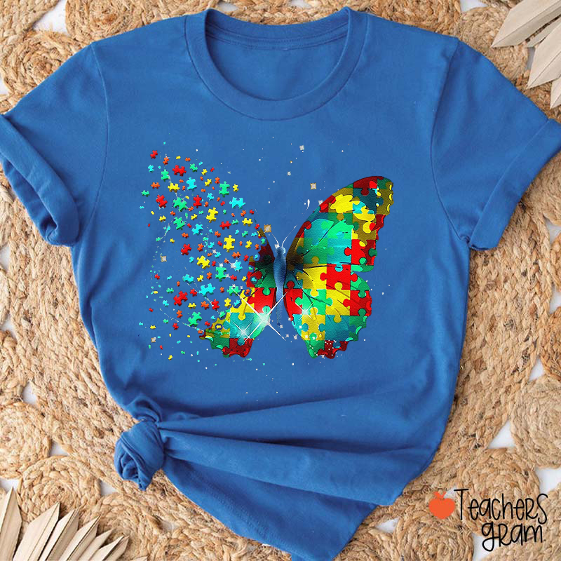 Autism Awareness Puzzle Butterfly Teacher T-Shirt