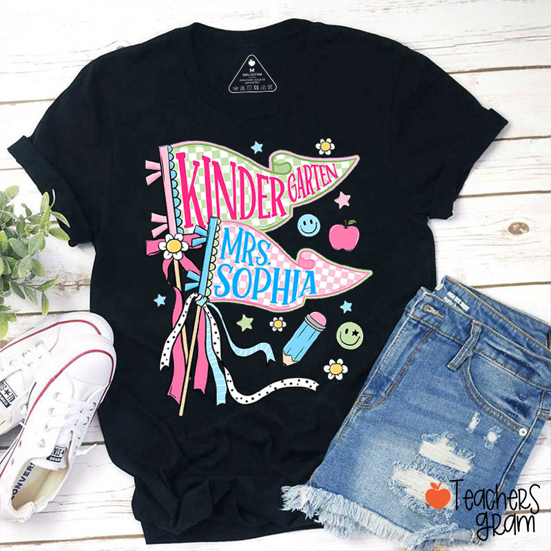 Personalized Name Pennant Flower School Supply Teacher T-Shirt