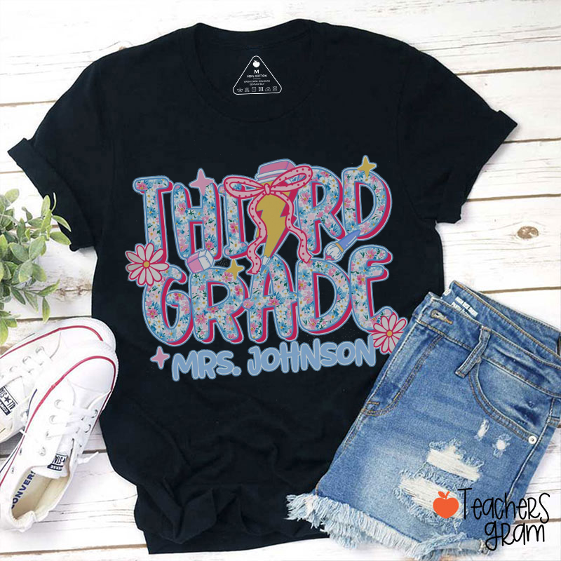 Personalized Grade Name Lightning Pencil Bow Flower Paintbrush Teacher T-Shirt