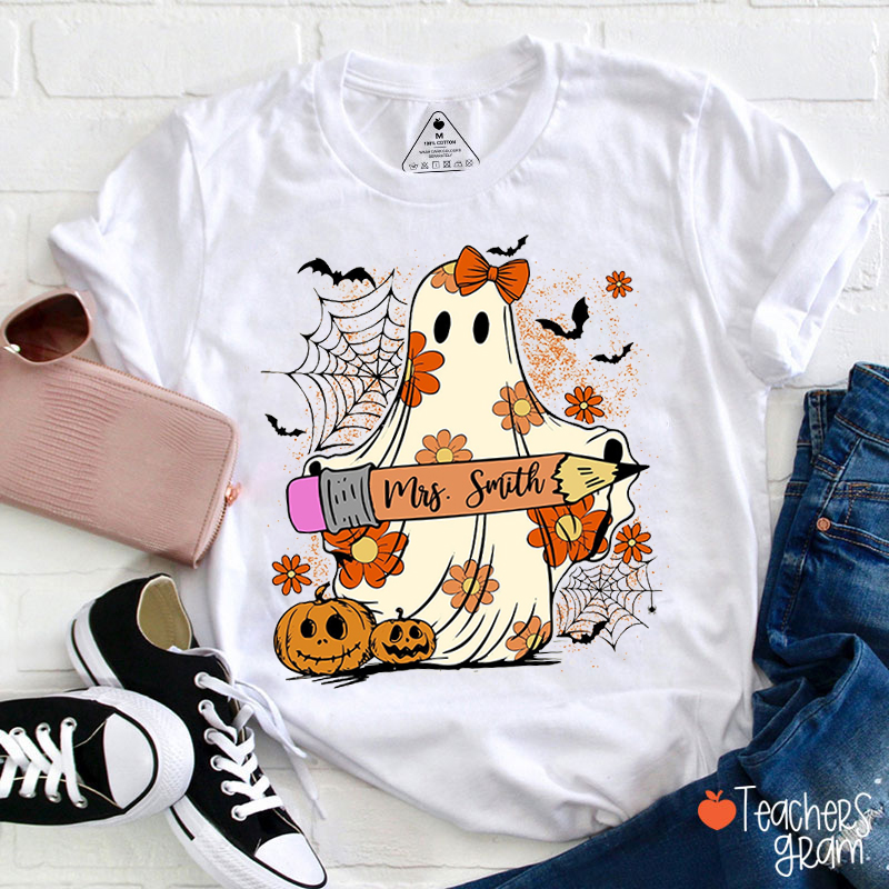 Personalized Name Ghost Pumpkin Teacher T-Shirt