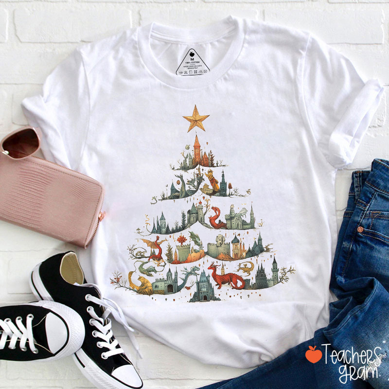 Dragon Castle Christmas Tree Teacher T-Shirt
