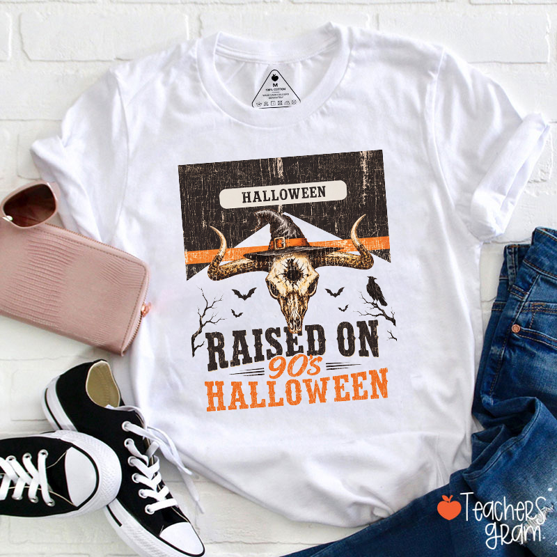Raised On 90's Halloween Vintage Cow Skull Witch Hat Teacher T-Shirt