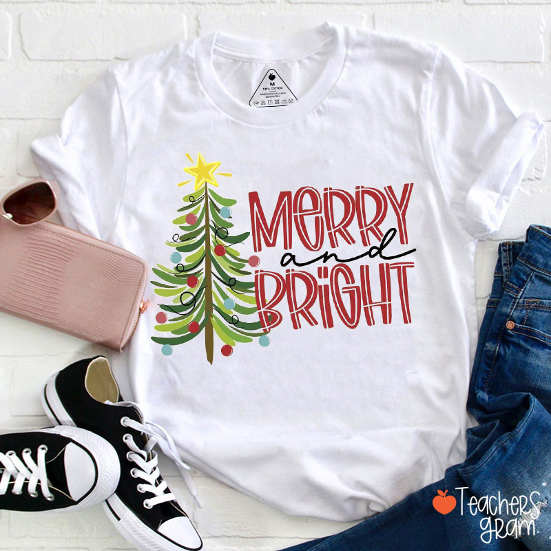 Merry And Bright Christmas Tree Teacher T-Shirt