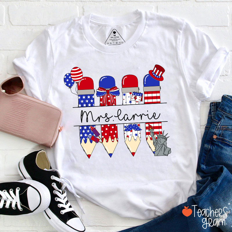 Personalized Name Pencil 4th Of July Teacher T-Shirt