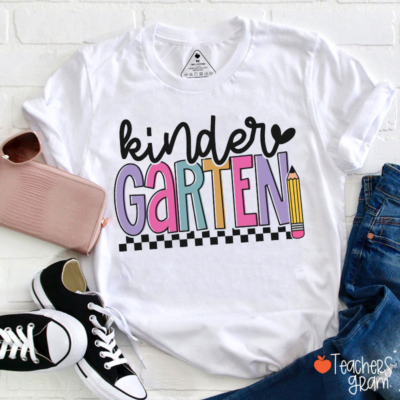 Personalized Grade Checkerboard Pencil Heart Teacher T-Shirt