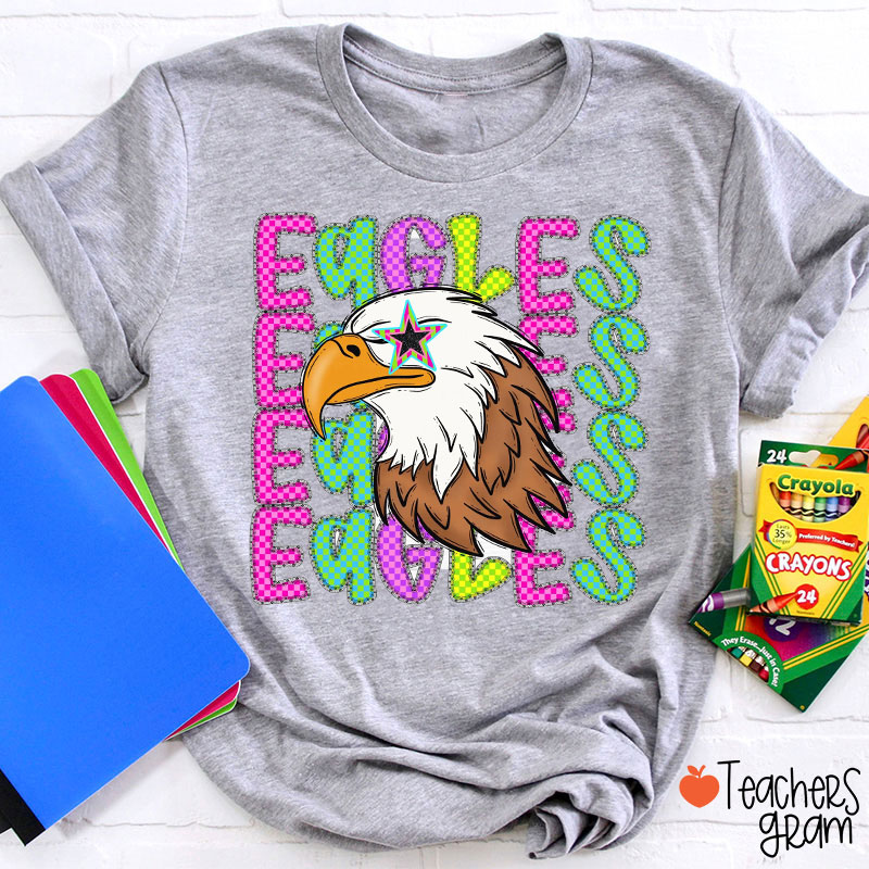 Personalized Mascot Neon Multi-Color Checkerboard Letters Teacher T-Shirt