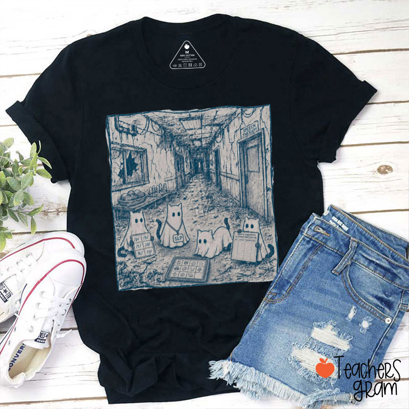 SLP Ghost Cats Vintage Sketch Halloween Teacher T-Shirt