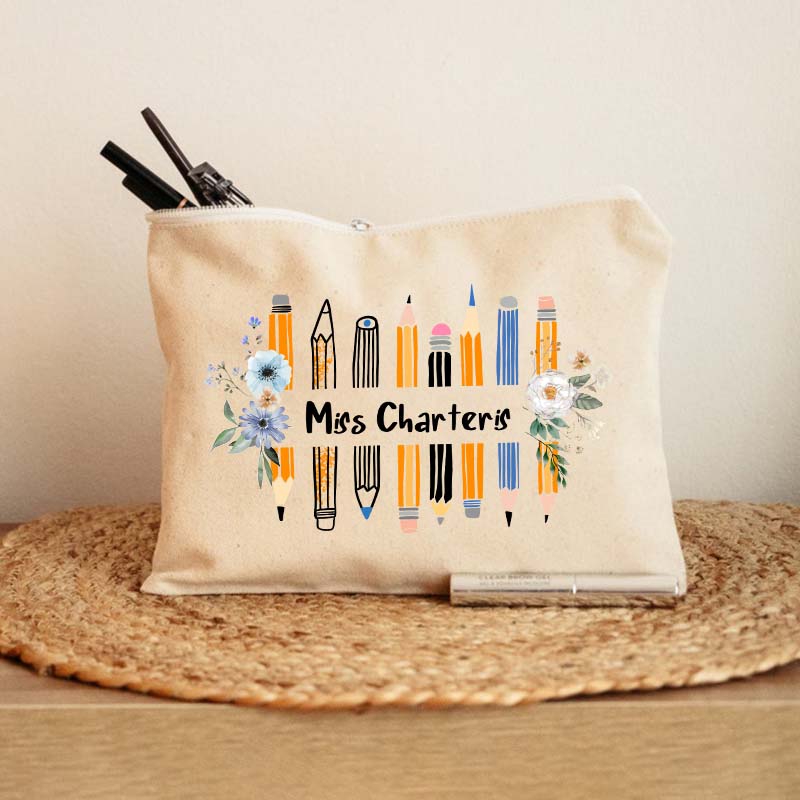 Personalized Name Colored Pencil Flowers Teacher Makeup Bag