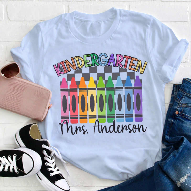 Personalized Colorful Crayons Grade Teacher T-Shirt