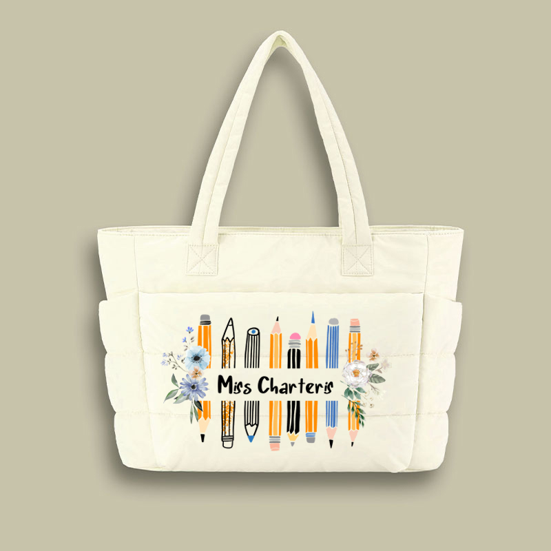 Personalized Name Colored Pencil Flowers Teacher Puffy Tote Bag
