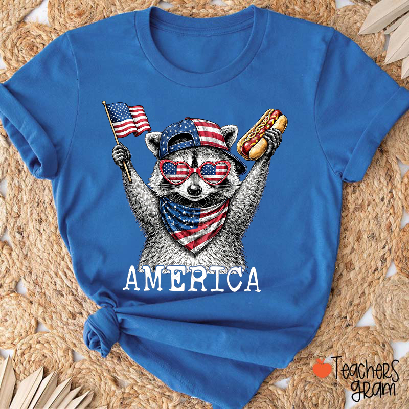 Patriotic American Raccoon Teacher T-Shirt