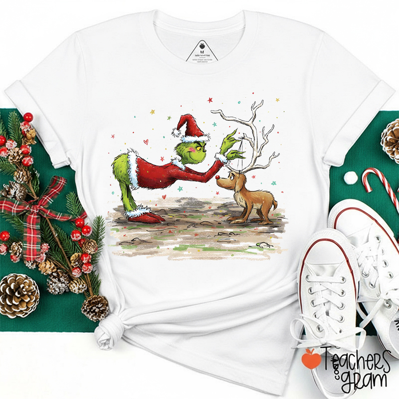 Green Guy And Dog Christmas Teacher T-Shirt