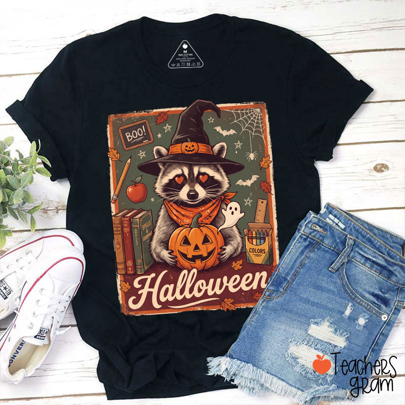 Retro Fall Halloween Raccoon Witch Teacher T-Shirt