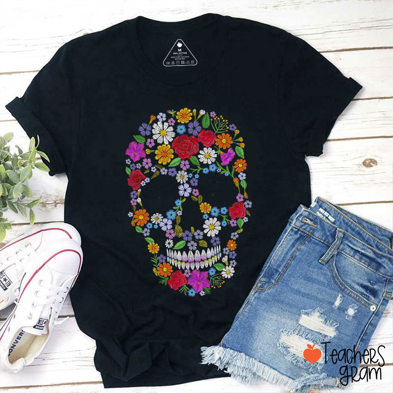 Floral Sugar Skull Teacher T-Shirt