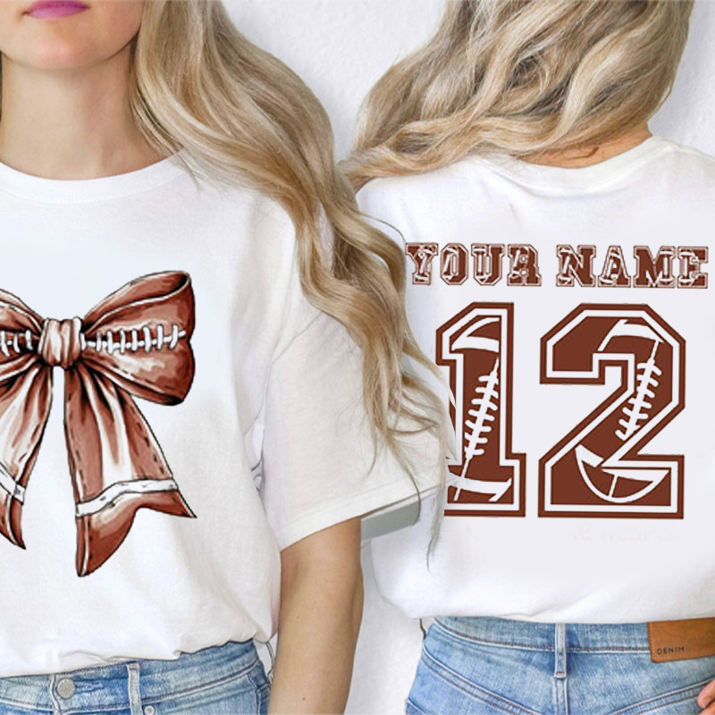 Personalized Name And Number Bow Football Game Day Teacher Two Sided T-Shirt