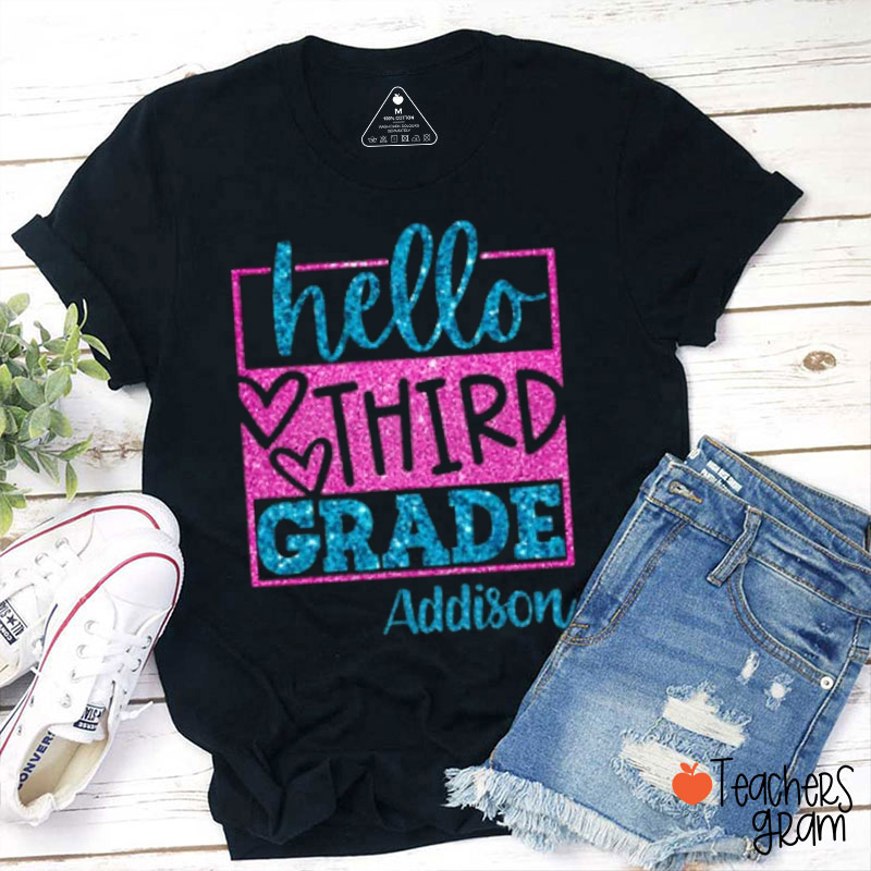 Personalized Grade Glitter Hello Bruh Teacher T-Shirt
