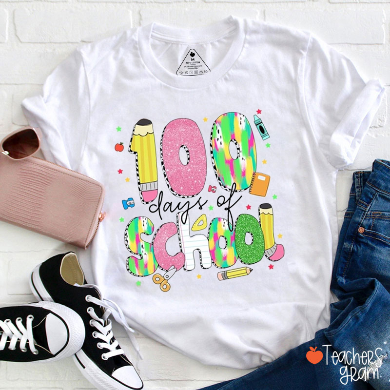 Colorful Pencil 100 Days Of School Teacher T-Shirt