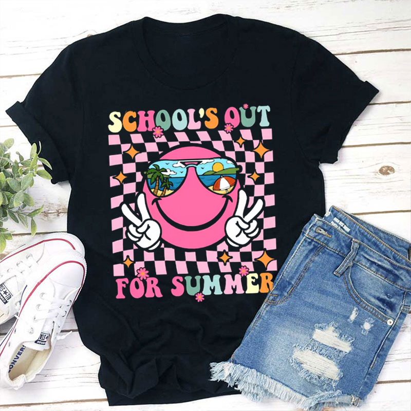 Pink Checkerboard School's Out For Summer Teacher T-Shirt