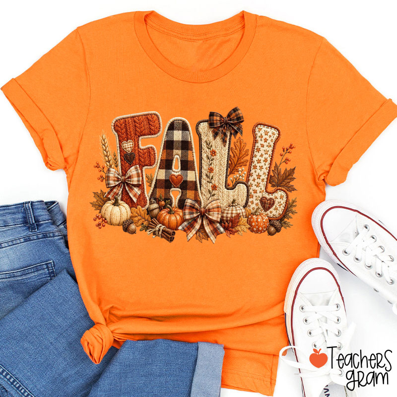 Faux Embroidery Fall Letter With Pumpkins Bows And Autumn Foliage Teacher T-Shirt