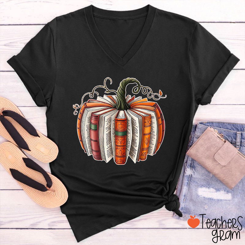 Pumpkin Book Teacher Female V-Neck T-Shirt