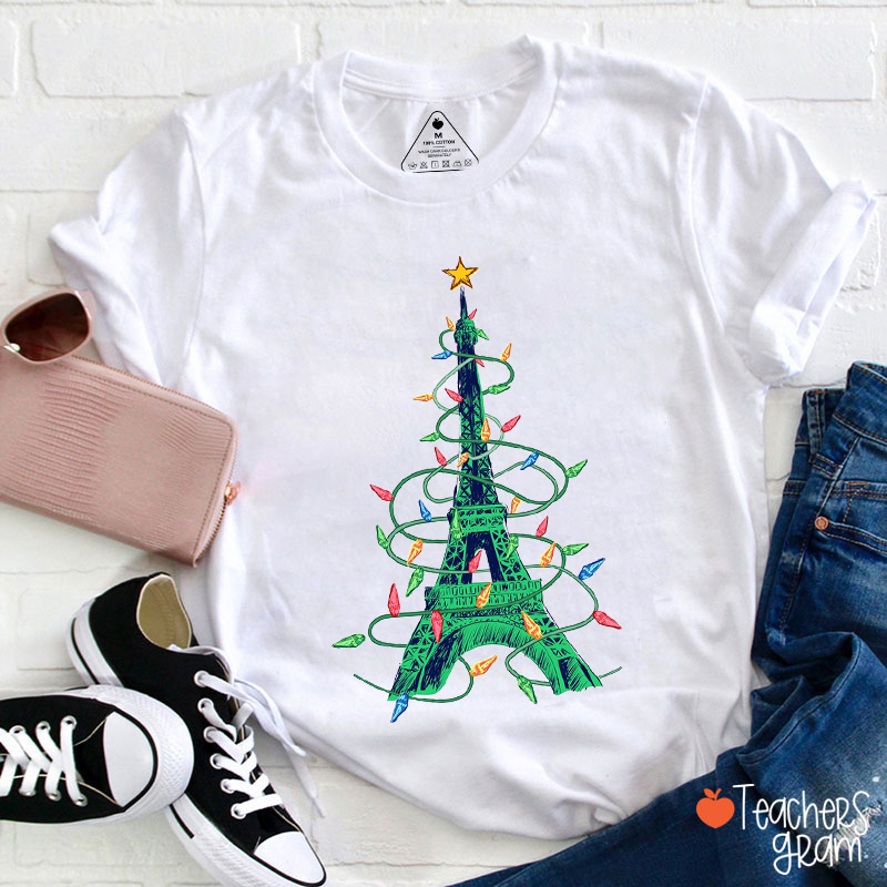 Eiffel Tower Wrapped In Christmas Lights French Teacher T-Shirt